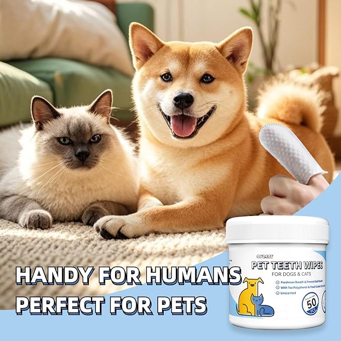 No-Rinse Dog Teeth Cleaning Wipes - Cat & Dog Fresh Breath Pet Dental Finger Wipes, Dog Toothbrush Dental Wipes to Easy Remove Plaque & Tartar, Gently Cleans Discharge (50 Count, Unscented)