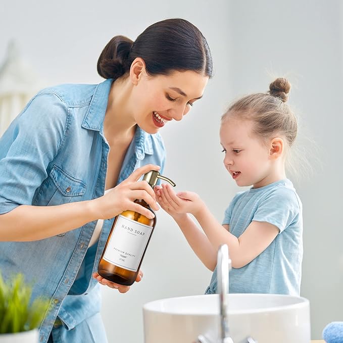 Glass Soap Dispenser for Kitchen, Farmhouse Dish & Hand Soap Dispenser Set, Rustproof Pump Bathroom Soap Lotion Dispenser with Tray, Waterproof Label for Kitchen Decor(Amber