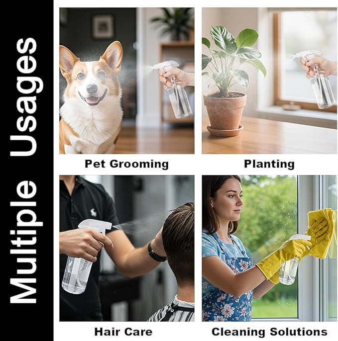 Plastic Spray Bottles 12oz 2 Pack Adjustable Mist/Stream Spraying Heavy Duty Square Water Spray Bottles for Hair, Cleaning Solutions, Plants,Essential Oils (Clear)