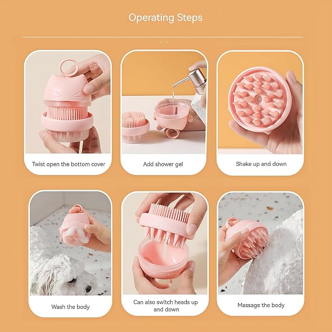 Silicone Cat Bath Brush – Pet Bathing Tool with Integrated Shampoo Dispenser, Soft Massage Brush for Cats & Small Pets, Hygienic and Durable Grooming Solution (Purple)