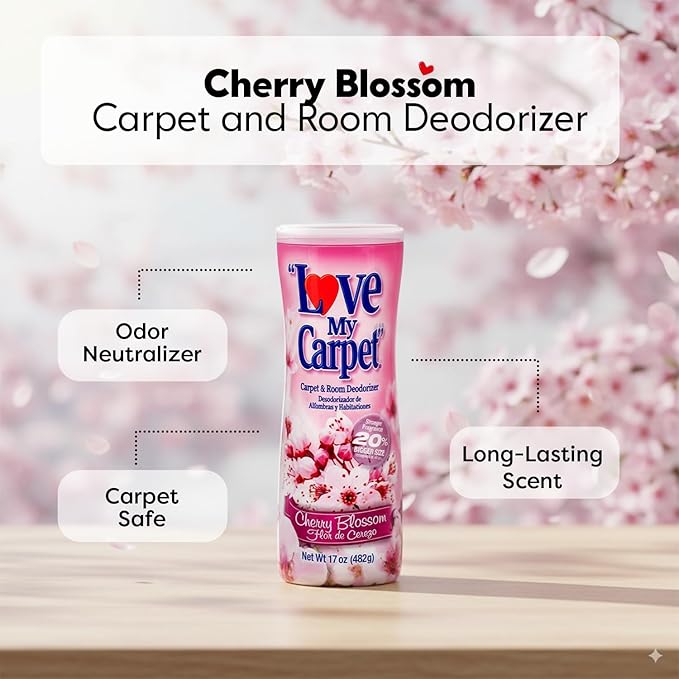 6 Love My Carpet | Carpet Deodorizer & Freshener Powder | 17 oz Pet Odor Eliminator for Strong Odor & Pet Urine | CHERRY BLOSSOM | Safe for Homes with Pets