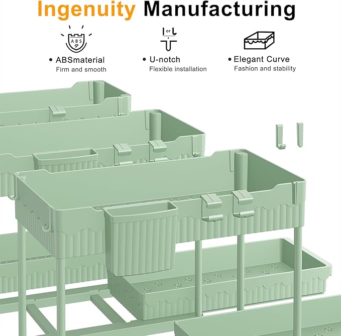 3 Pack Under Sink Organizers, 2-Tier Multi-Use Kitchen and Bathroom Organizers and Storage with Sliding Drawers,Bathroom Cabinet Organizer (Green, 14.8 Inch)