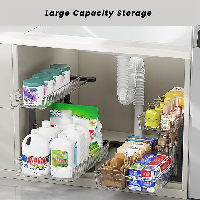 Under Sink Organizer, 2 Tier Pull Out Storage Organizer, Slide Out Storage Shelf for Bathroom & Kitchen, Under Cabinet Organizer and Storage with 5 Gears Height Adjustable (Black, 1 Pack)