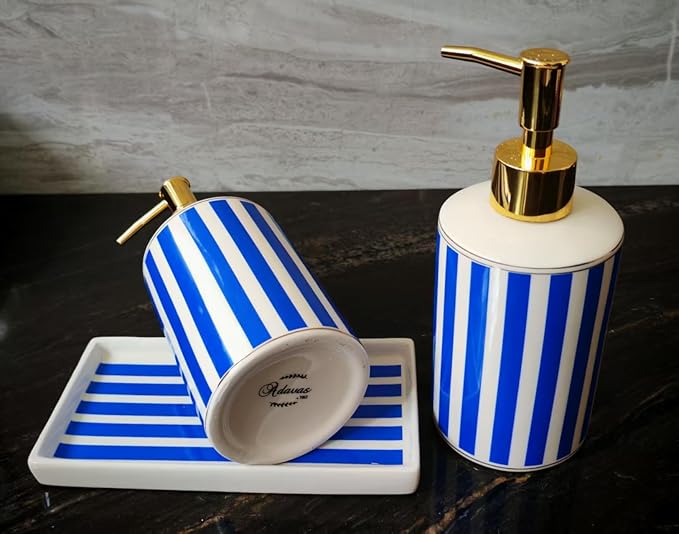 Coastal Blue & White Ceramic Soap Dispenser Set with Gold Pump – 3-Piece Bathroom & Kitchen Accessories with Tray, Refillable Lotion & Dish Soap Pump Bottles for Beach House & Nautical Décor
