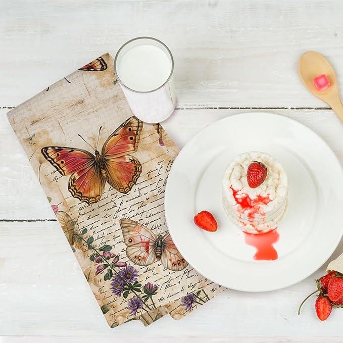 2 Pcs Vintage Butterfly Kitchen Towels, Rustic Botanical Decorative Absorbent Microfiber Dish Cloth Tea Towel, Artistic Waffle Soft Hand Towels for Farmhouse Home Bathroom, Butterfly Gifts 1