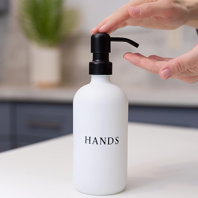 White Glass Hand and Dish Soap Dispenser Set - Modern Farmhouse Sink Accessories - 16 oz Kitchen Sink Set With Tray, Black Pumps & Funnel