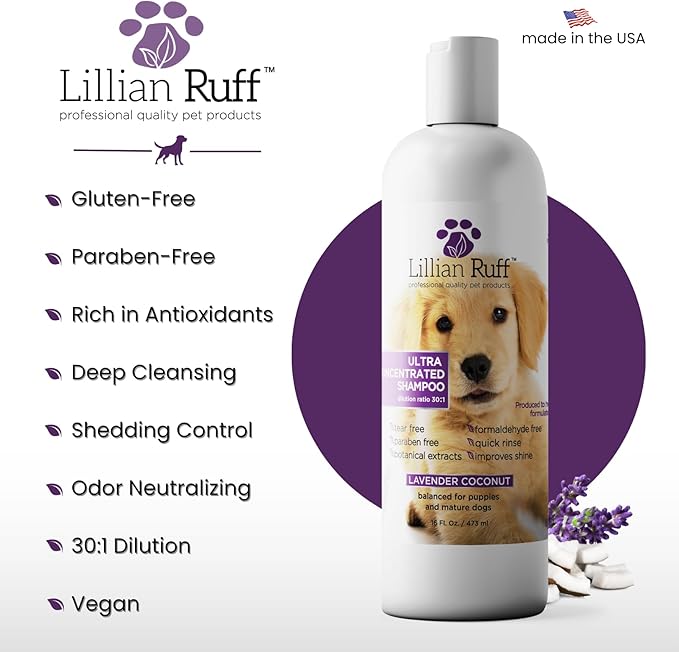 Lillian Ruff PRO Formula Ultra Concentrated Dog Shampoo – Makes 4 Gallons/30 Bottles, 30:1 Dilution, Professional Pet Shampoo for Sensitive Skin | Deodorizing & pH-Balanced Made in USA 16.9oz