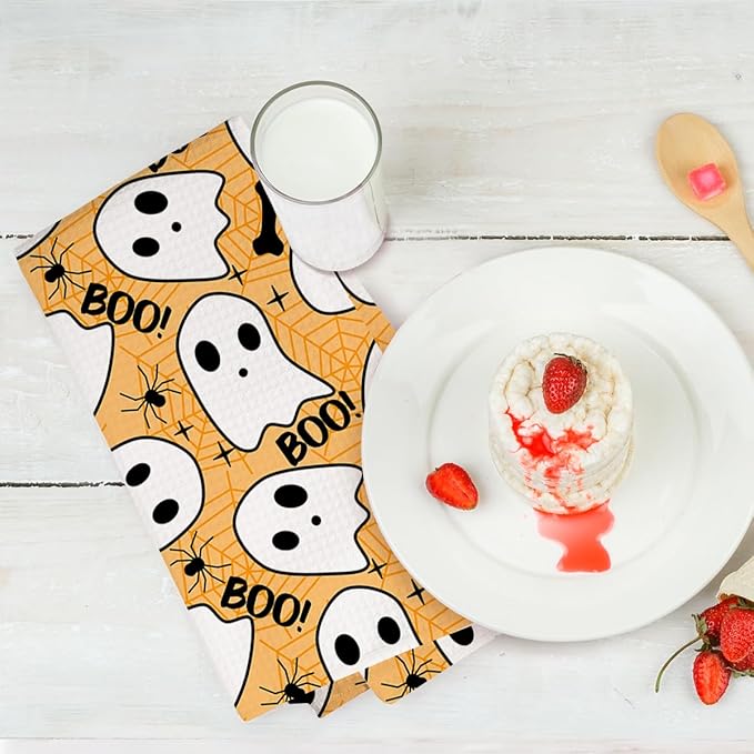 2 Pcs Cute Ghost Kitchen Towels, Halloween Themed Decorative Absorbent Microfiber Dish Cloth Tea Towel, Waffle Soft Hand Towels for Farmhouse Home Bathroom, Halloween Decor