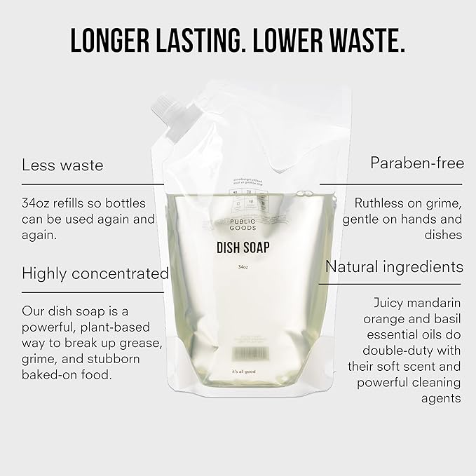 Public Goods Natural Dish Soap | Kitchen Soap | Plant-Based & Vegan Friendly | Clear Dish Detergent Liquid | Concentrated | Made in USA | Mandarin Basil | 34 Fl Oz Refill