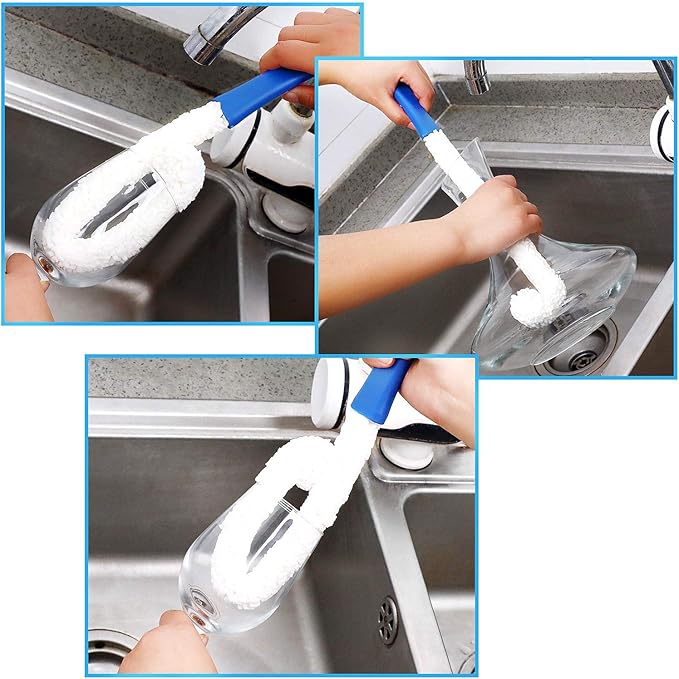 3 Pieces Decanter Cleaning Brush Flexible Bottle Scourer and 400 Pieces Reusable Decanter Cleaning Beads Household Cleaning Tools for Wine Decanters Goblets Glasses Cups (Blue Handle)