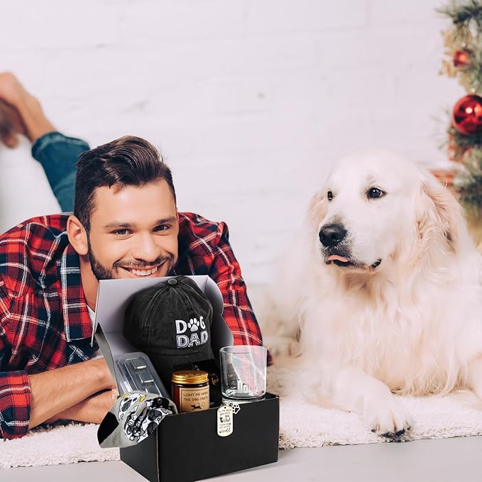 14 Pieces Dog Dad Gifts for Dad for for Men, Dog Gifts for Dog Lovers Including Whiskey Set Socks Keychain Hat Bottle Opener Greeting Cards Sented Candle