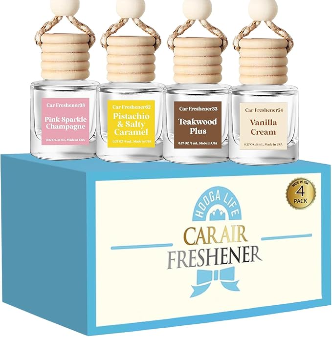 HoogaLife Car Air Freshener Diffuser 4 Pack Hanging Air Freshener - Vanilla Cream Car Air Fresheners for Women, Mahogany Teakwood & Pink Sparkle Champagne & Pistachio Salty Caramel Fragrance Oil