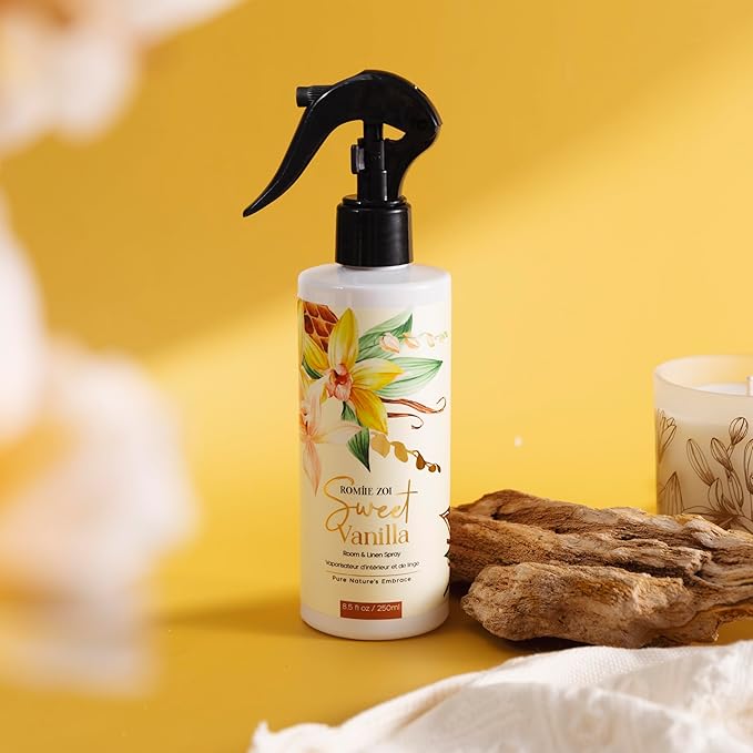 ROMIIE ZOI Linen & Room Air Freshener Spray Room Mist, with Natural Plant Extract, Scented Room Spray for Home Fragrance Fabric Spray Freshener Sweet Vanilla, 8.5 FL OZ
