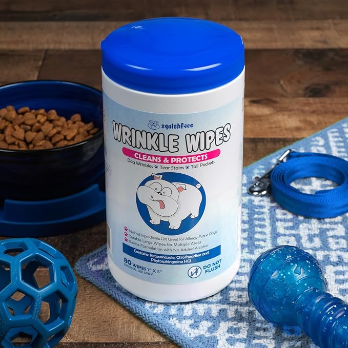 Squishface Wrinkle Wipes – 5”x7” Large Dog Wipes - Deodorizing, Tear Stain Remover – Great for English Bulldog, Pugs, Frenchie, Bulldogs, French Bulldogs & Any Breed! (80 Count)