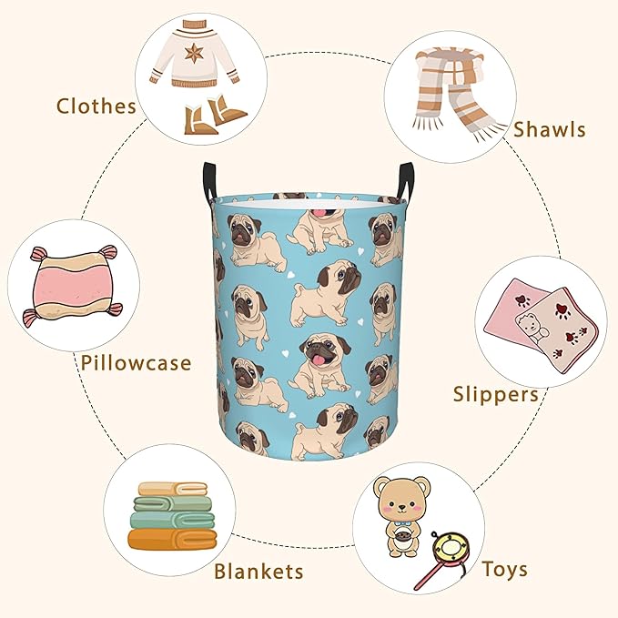 Funny Cartoon Pugs Puppies Laundry Basket,Waterproof Foldable Laundry Hamper,Dirty Clothes Laundry Basket, Linen Bin Storage Organizer for Toy Collection 16" x 20"