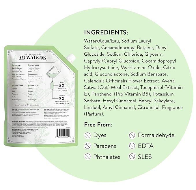 J.R. Watkins Gel Hand Soap Refill, Moisturizing Hand Wash, Formulated with Plant-Based Cleansers, Alcohol-Free, Cruelty-Free, Aloe & Green Tea, 34 Fl Oz, 2 Pack
