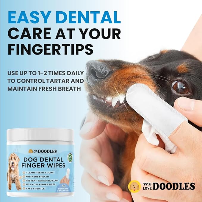 We Love Doodles Dog Teeth Cleaning Wipes - Pet Dental Finger Wipes for Dogs - Cleans Teeth and Gums, Freshens Breath Dog Dental Wipes, Prevents Tartar Buildup, Fits Most Finger Sizes (50 Pieces)