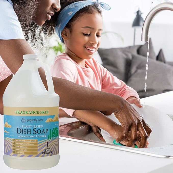 Ginger Lily Farms Botanicals Plant-Based Liquid Dish Soap, Concentrated Formula with Max Grease Cleaning Power, Cruelty-Free, Fragrance-Free, 1 Gallon Refill (128 Fl. Oz.), Clear