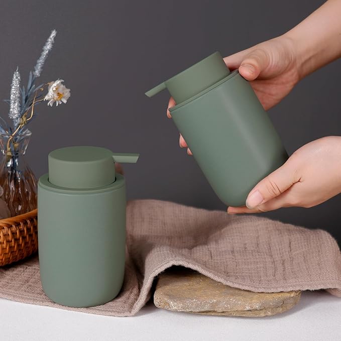 INGOFIN Ceramic Lotion Soap Dispenser Set, 2 Pack (12 oz) Bathroom Hand Soap Dispenser with Pump, Liquid Hand and Dish Soap Dispenser Set, 8 Pcs Clear Stickers, for Kitchen Bathroom-Matte Green