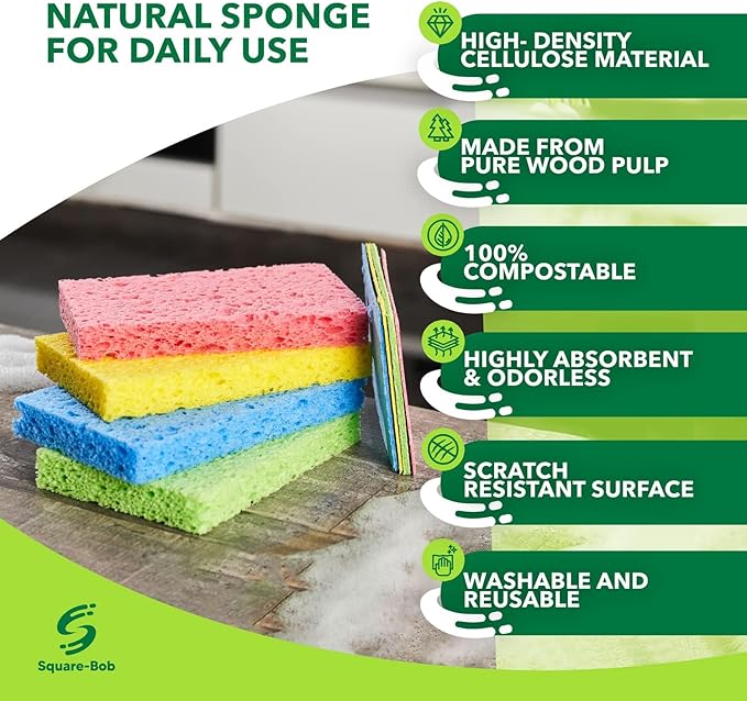 12 PCs Compressed Sponges Kitchen Non-Scratch – Highly Absorbent Kitchen Sponges for Dishes Cleaning, Countertop, Sink, Car –Biodegradable, Quick Drying Cellulose Sponges - Assorted Colors