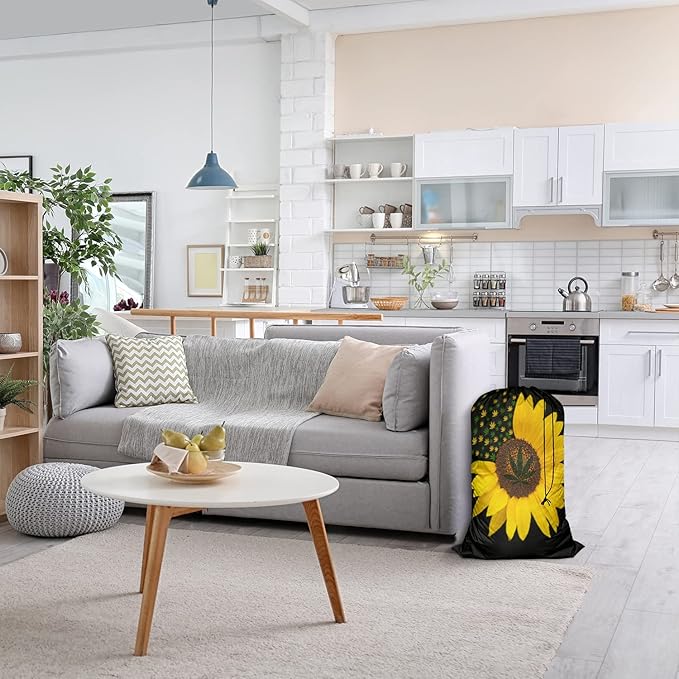 Swono Sunflower With Leaves Drawstring Portable Large Capacity Laundry Bags Summer Yellow Floral Blossom Travel Storage Bags for Apartments, Vacations, Home, 28x40 Inch