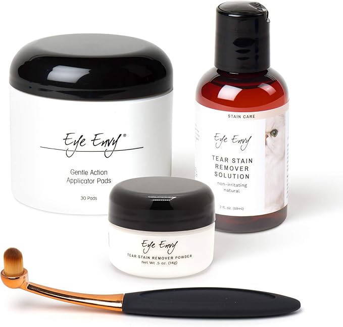 Eye Envy Cat Tear Stain Remover Starter Kit with ProPowder Brush. Stain Solution, Applicator Pads, Stain Powder, and Small Applicator Brush. Tear Stain Treatment Kit. Lasts 30-45 Days. Made in USA.
