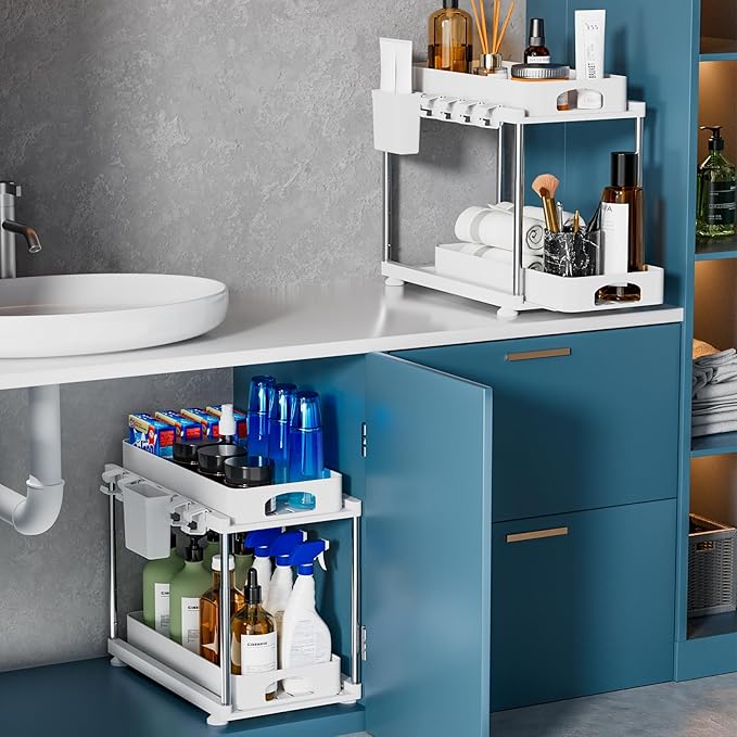 2 Pack Under Sink Organizers and Storage, Double Sliding Kitchen Cabinet Organizer, 2 Tier Height Adjustable Countertop Organizer for Kitchen Bathroom Laundry, White