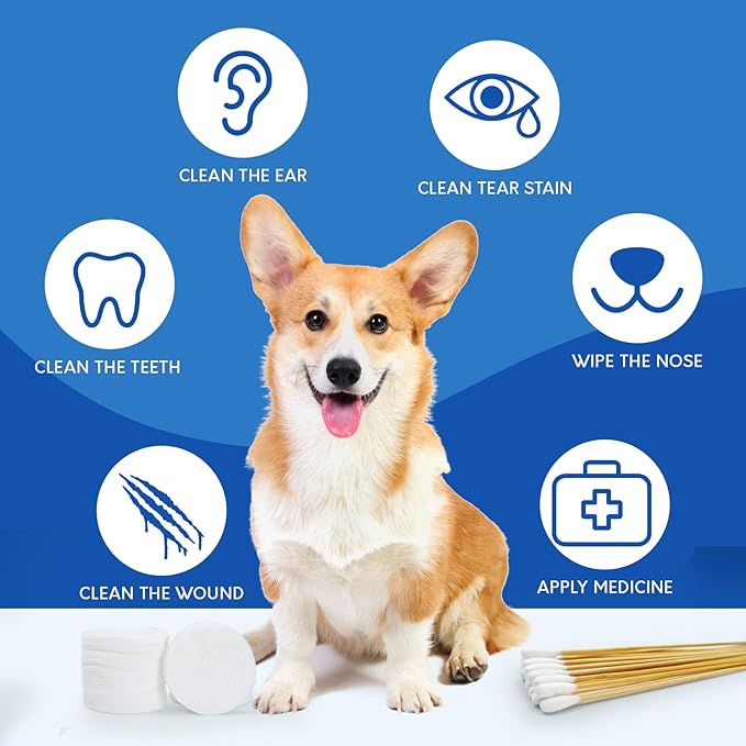 150 Long Cotton Swabs and 200 Lint-Free Cleaning Wipes, Highly Absorbent Dog Ear Cleaning Kit in Storage Box, Compatible with Dog Ear Cleaners, Large Cotton Head Swabs Design for Daily Puppy/Cat care