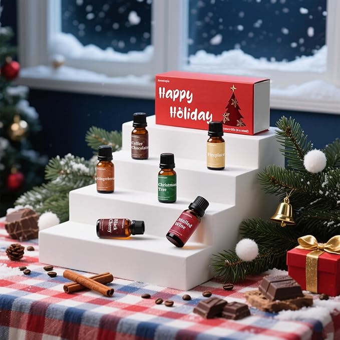 Fragrance Oil Holiday Set, Aromtopia Essential Oils for Candle Soap Making, 6x10ml, Diffuser Oils Scents, Winter Fragrance Oils, Christmas Tree, Coffee Chocolate, Black Cherry, More