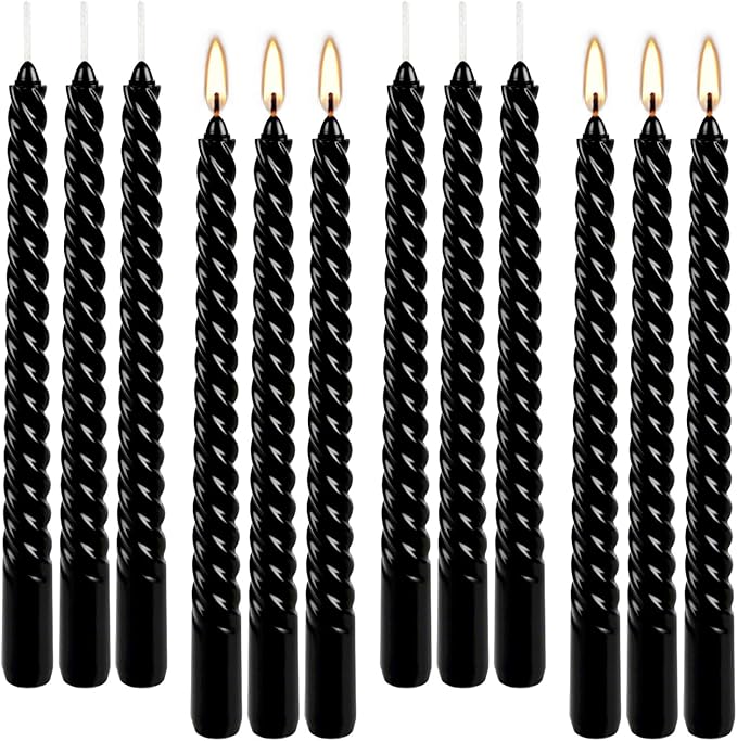 12-Pack 10' Tall Black Spiral Taper Candle Set - Dripless, Smokeless for Halloween&Christmas, Unscented Candlesticks, Dripelss Tapered Candles for Table Rituals,Memorial Prayer Wiccan Rituals.