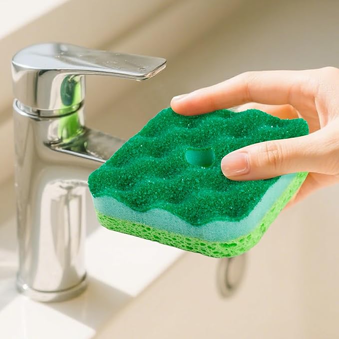 6-Pack Magic Cleaning Sponges with Suction Cups - Heavy Duty 3-Layer Dual-Sided Scrub Pads for Dishes, Stains & Kitchen Surfaces - Durable Non-Scratch Scouring Pads