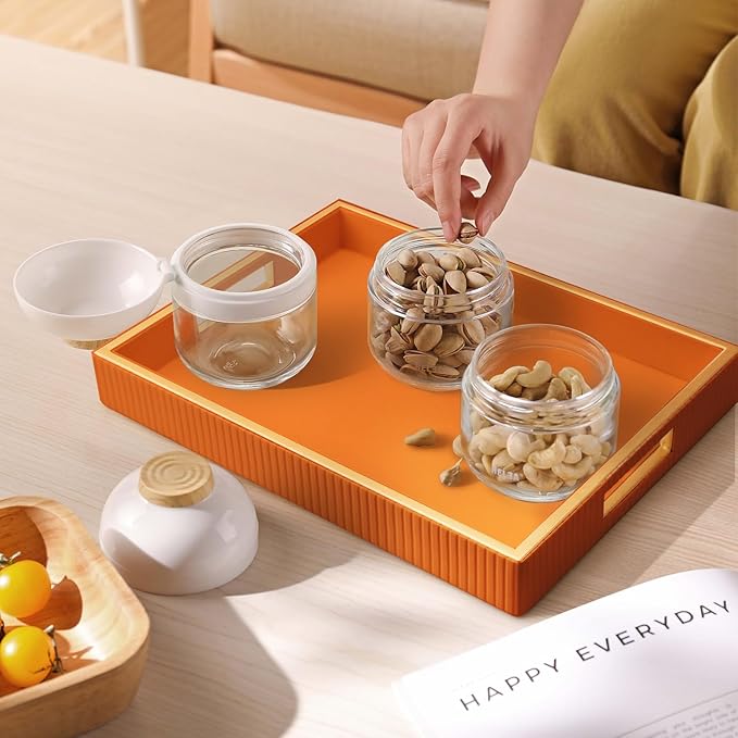 SANZIE Leather Tray Desktop Storage Organizer Premium Serving Tray Decorative Tray Valet Tray for Sundries Cosmetics Phone Wallet Cutlery, Rectangular, Orange