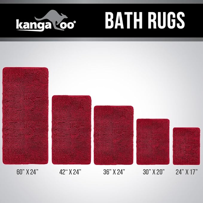 KANGAROO Bathroom Rugs, Chenille Soft Absorbent Bath Rug, Shaggy Shower Mat, Quick Dry Machine Wash Bathmat, Plush Carpet Mats for Tub, Bathtub and Room Home Decor Accessories, 24x17, Red