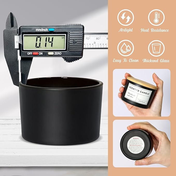 4oz Candle Jars 15 Pack, Small Black Glass Empty Candle Jars for Making Candles with Bamboo Lids and Wick Kit, Wide Mouth Candle Container Bulk, Ideal for Candle Business Owners