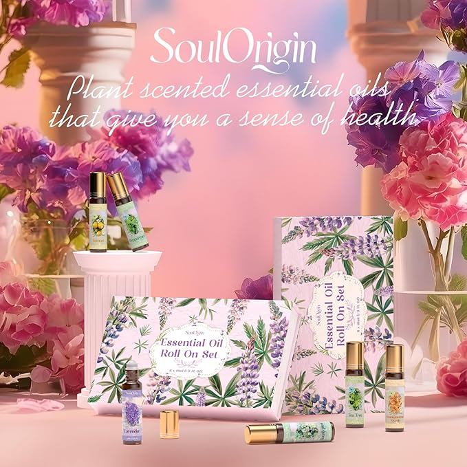 Essential Oil Roll On Set, Natural Aromatherapy Oils with Portable Roller Ball for Skin Care- Tea Tree, Frankincense & Myrrh, Lavender, Peppermint, Eucalyptus, Lemon - Gifts for Women & Men