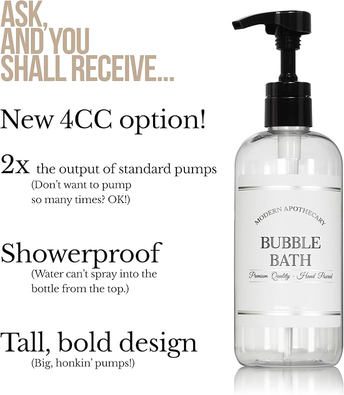 Refillable Clear PET Plastic 16 oz Bubble Bath Bottle with High Output Black Plastic Pump Dispenser - Chrome Accent Waterproof Labeled Bottle
