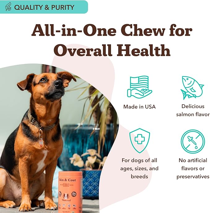 Natural Dog Company Skin & Coat Supplement for Dogs – Omega 3 Salmon Oil, Biotin & Vitamin E Support Shiny Coat, Healthy Skin & Normal Shedding, Promotes Comfort from Occasional Itch, 180 Count