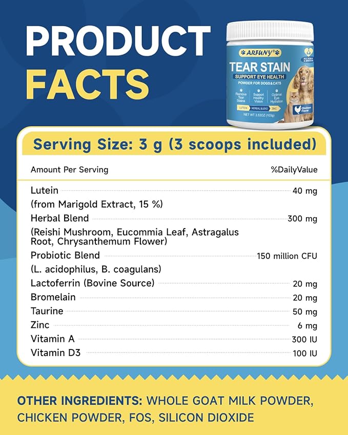 Tear Stain Remover for Dogs & Cats - Pet Tear Stain Supplement - Daily Support for Overall Eye Health - with Lutein, Zinc, Lactoferrin, Vitamins - Chicken Flavor Powder, for All Breeds
