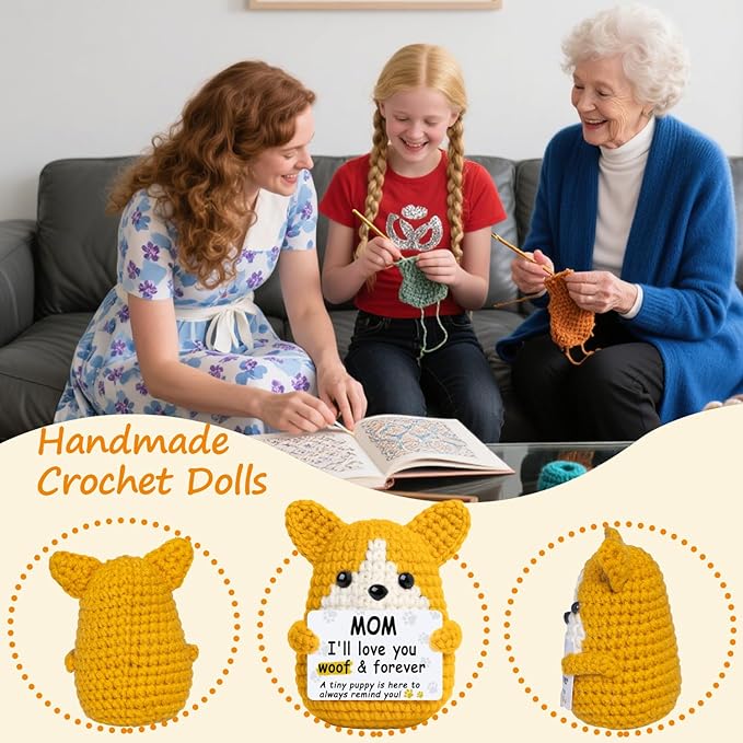 Mini Croche Corgi Mom Christmas Birthday Gifts from Daughter Son,Positive Crochet Puppy Gift for Dog Mom New Bonus Step Mama Mother in Law Present,Handmade Crochet Corgi Décor