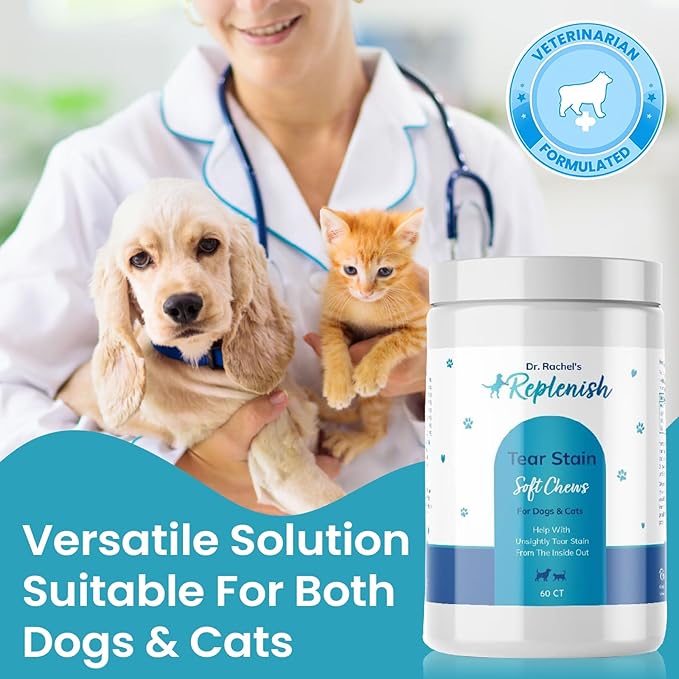 Replenish Tear Stain Chews for Dogs and Cats - Dr. Rachel's Tear Stain Remover for Dogs - Dog Eye Tear Stain Remover - Tear Stain Supplement for Dogs - Natural Tear Stain Soft Chews - 60 Count