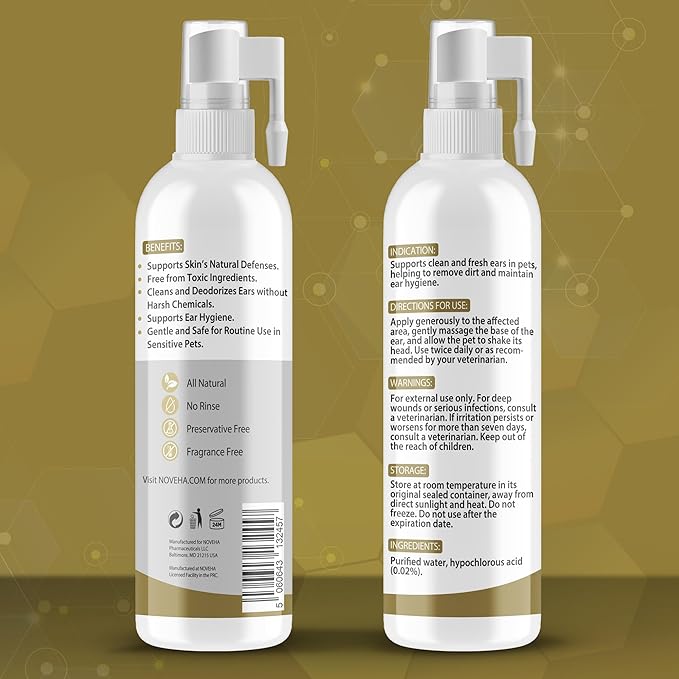 NOVEHA Dog Ear Therapy - Soothes Itchiness, Cleans Ear Canal, and Controls Odor, Ear Cleaner for Dogs - Stop Ear Itching That May Cause Infection - Hypochlorous Acid Cleaning Solution - 8 oz Bottle