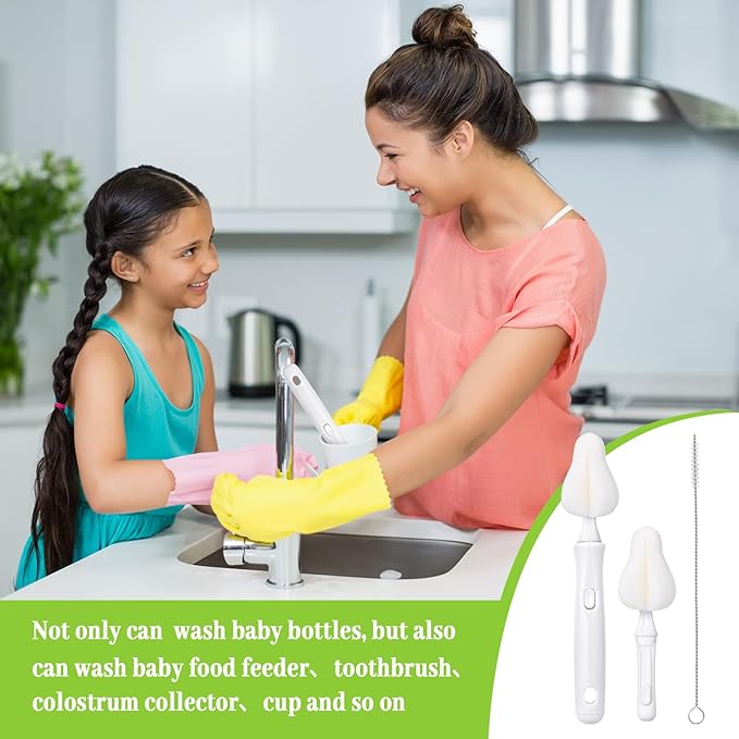 22 Pcs Sponge Bottle Nipple Brushes Set Including 12 Pcs Bottle Sponge Brush Heads 6 Interchangeable Nipple Brush Handles and 4 Long Straw Brushes for Baby Bottles(White Handle)