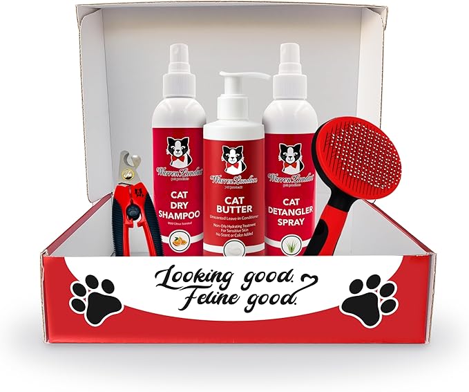 Warren London Ultimate Cat Grooming Gift Box – 5-in-1 Premium Kit with Detangler Spray, Hydrating Butter, Waterless Dry Shampoo, Self-Cleaning Pin Brush & Nail Clippers | Complete at-Home Cat Spa Set