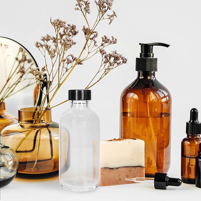 15 Pack Glass Clear Boston Bottles with Black Poly Cone Cap, 4 oz Round Glass Bottle for Essential Oil, Perfume and Liquid, Contains 24 Colored Labels, 2 Funnels, 1 Brush