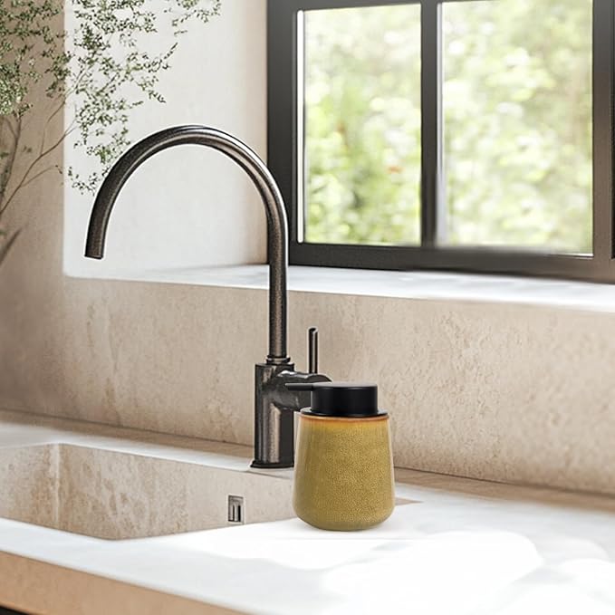 INGOFIN Ceramic Lotion Dispenser - 12 oz Refillable Hand Soap Dispenser Bathroom, Modern Liquid Soap Dispenser with Pump, Dish Dispenser for Kitchen,Kiln-Glazed Earthy Yellow