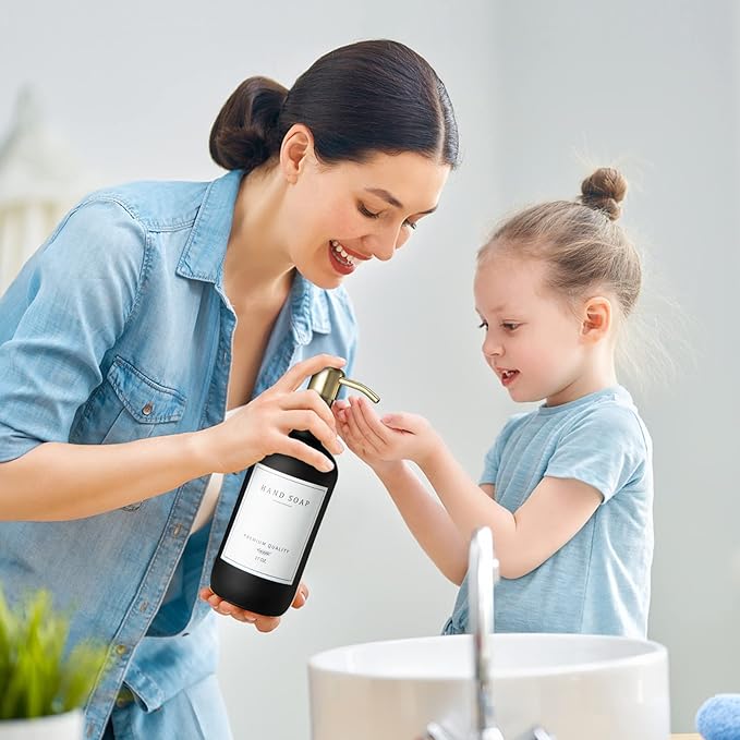 Glass Soap Dispenser for Kitchen, Farmhouse Dish Soap Dispenser&Hand Soap Dispenser Set,Rustproof Pump Lotion Dispenser Bathroom with Tray,Waterproof Label for Kitchen Decor(Black