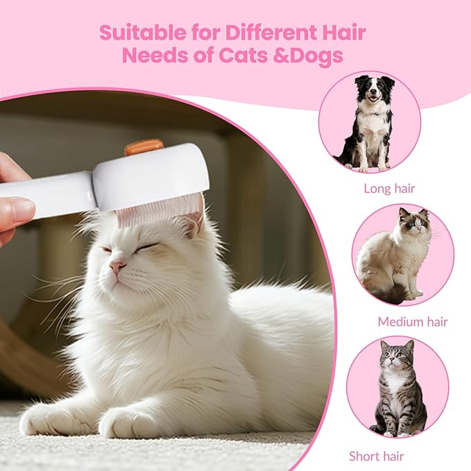 Pet Steam Brush for Cats, 4 in 1 Cat Brush for Long Haired Cats Kittens Dogs for Shedding Grooming Massage Self Cleaning (White Orange)