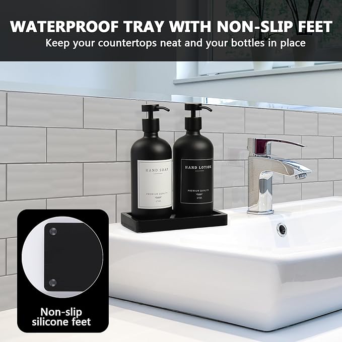 Black Soap Dispenser - Kitchen Hand Dish Soap Dispenser, Glass Bathroom Soap Lotion Dispenser with Tray, Dishwashing Liquid Dispenser, 14 Stickers, Black Bottle/Black Pump-pd