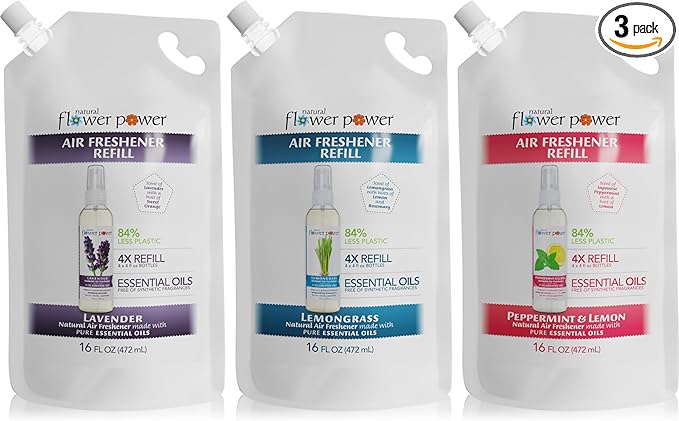 Natural Flower Power Air Freshener Spray Refills - Odor Eliminator w/Essential Oils - Home, Car & Fabric - Cruelty Free & Vegan - Variety Pack - Lavender, Lemongrass, Peppermint & Lemon - 3 x 16 fl oz