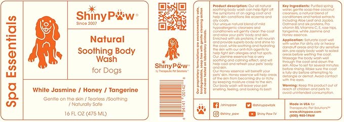 Jasmine & Honey Spa Body Wash for Dogs by Shiny Paw 16 oz | Dog Itchy Skin Relief & Aging Coat | Hypoallergenic Dog Shampoo for Smelly Dogs | Made in USA